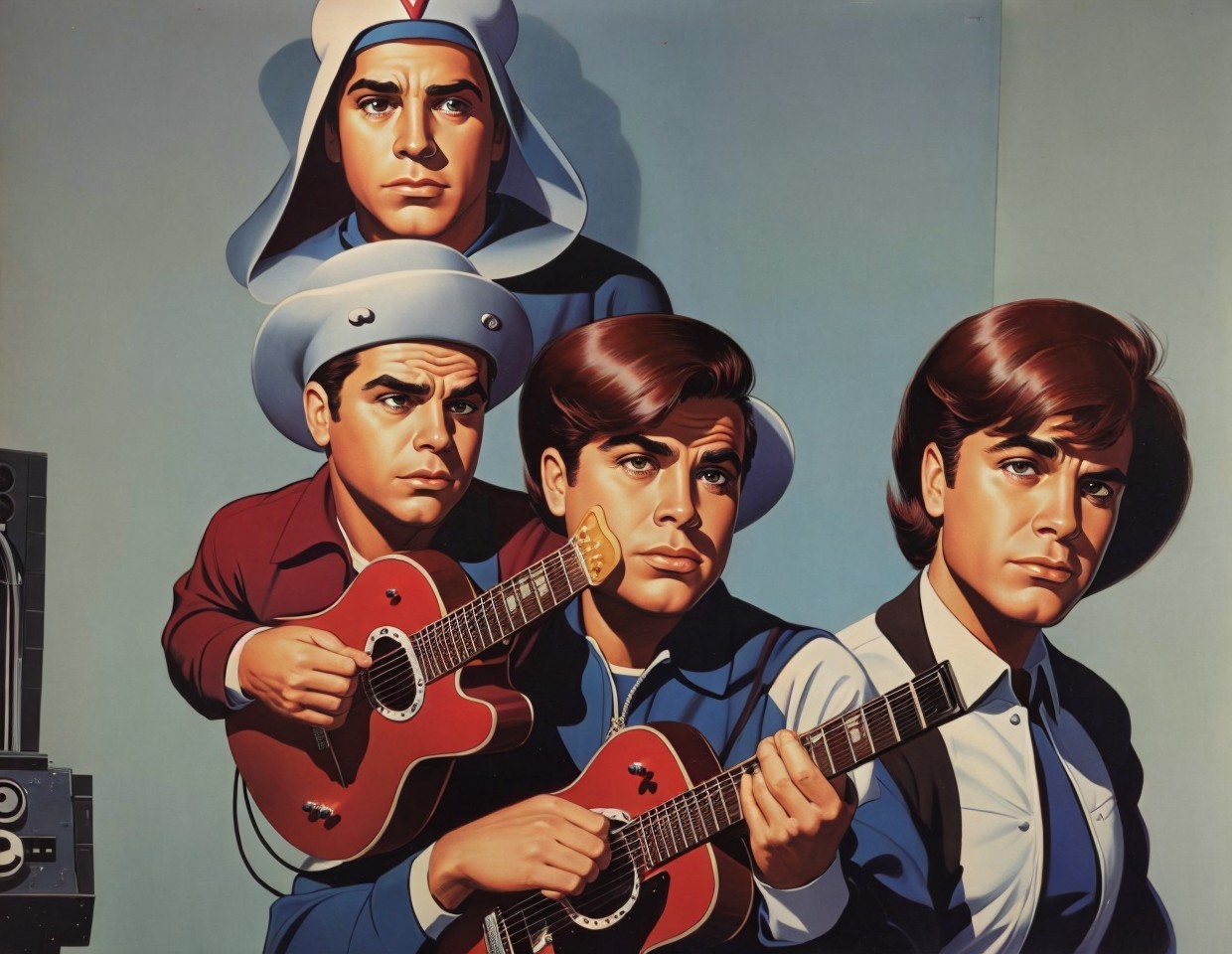 Vintage-style illustration of four animated band members playing guitars and drums in retro 60s outfits