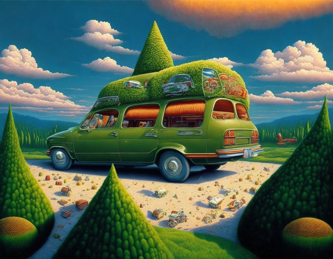 Surreal Painting of Green Van in Tree Landscape