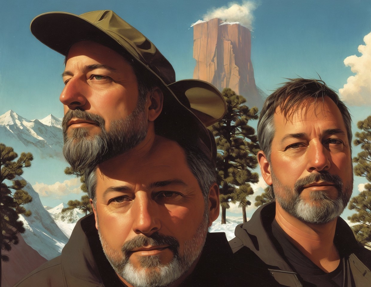 Men with facial hair in outdoor attire against mountain backdrop
