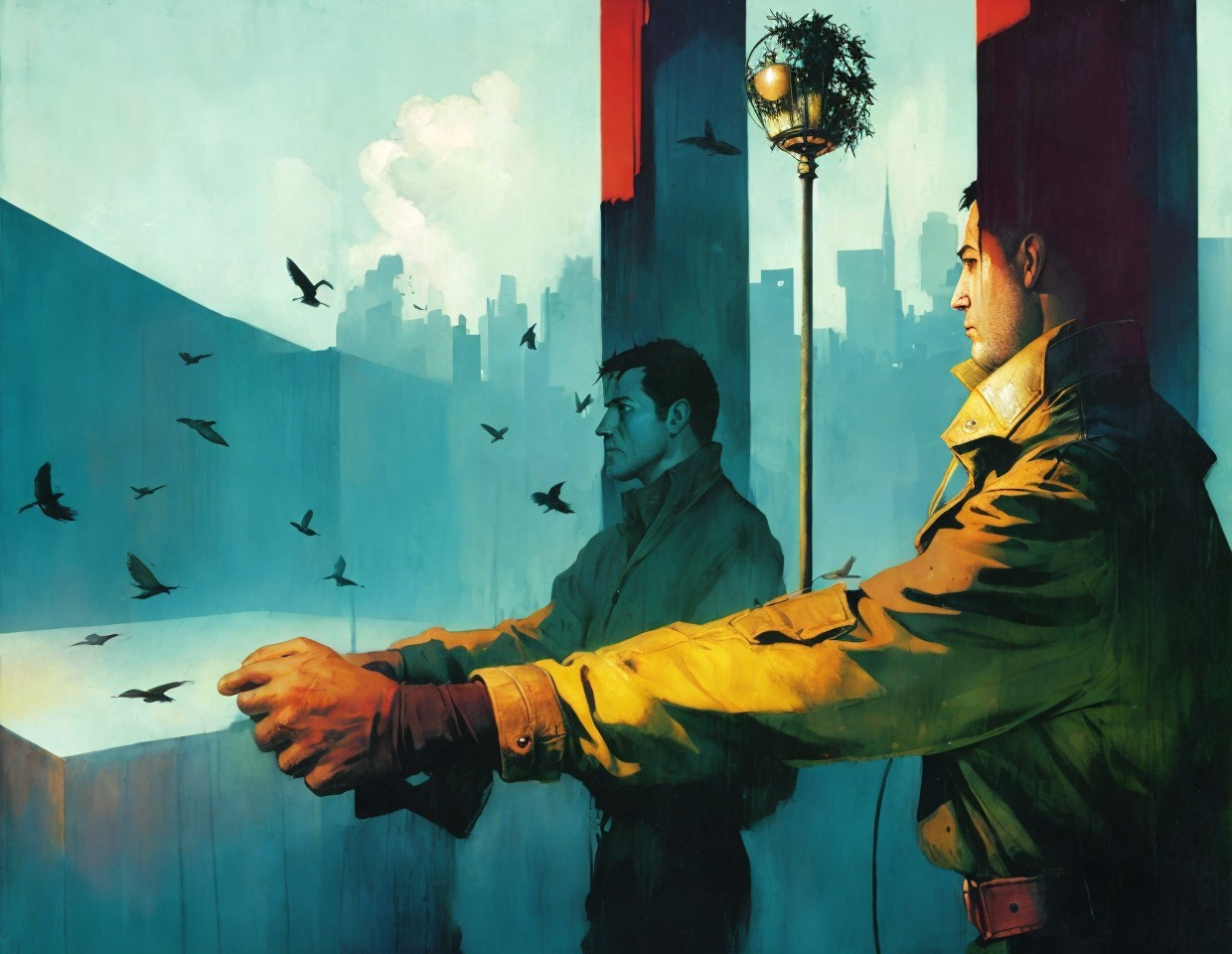Men overlooking cityscape with birds in stylized art style
