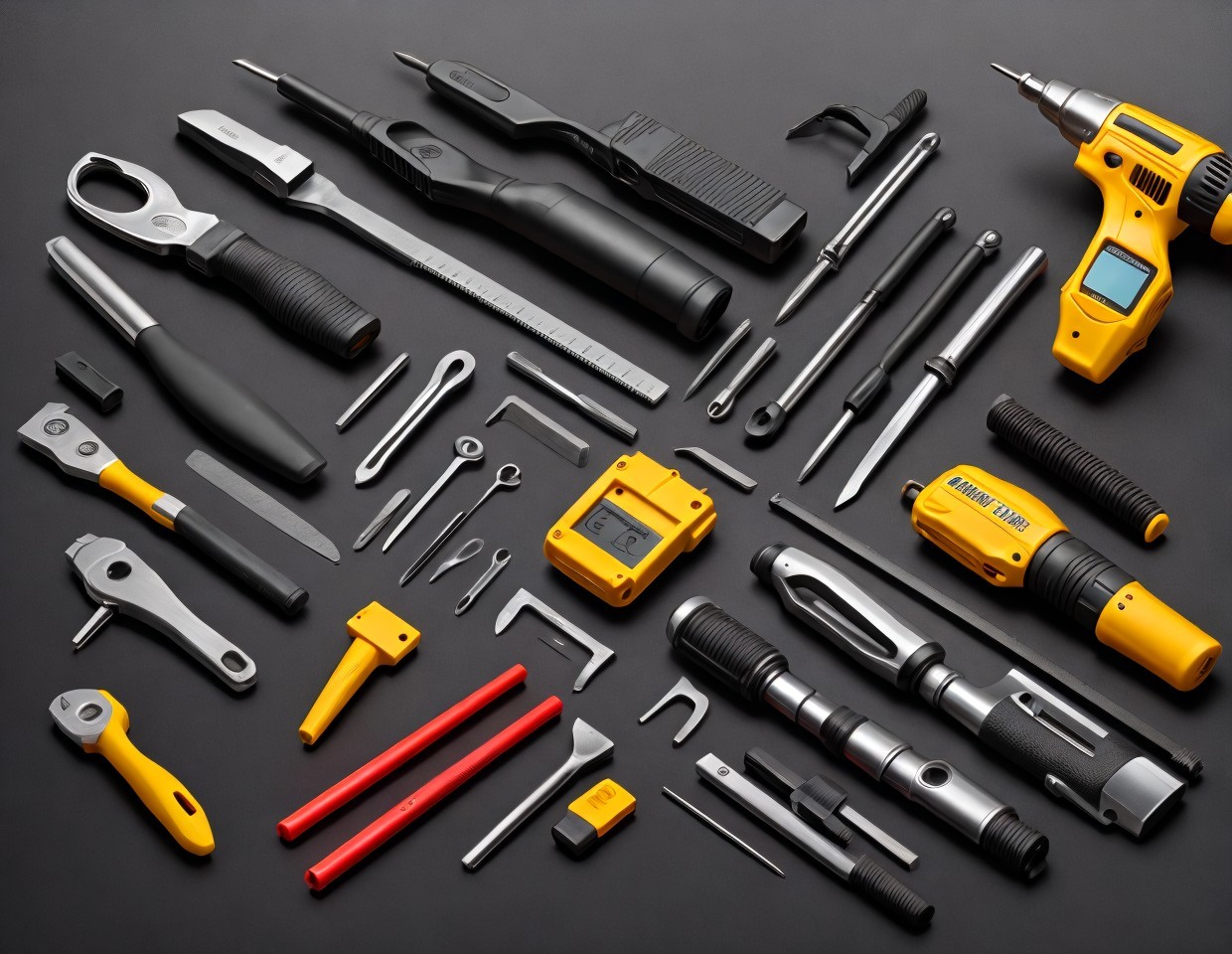 Various Hand and Power Tools on Dark Background