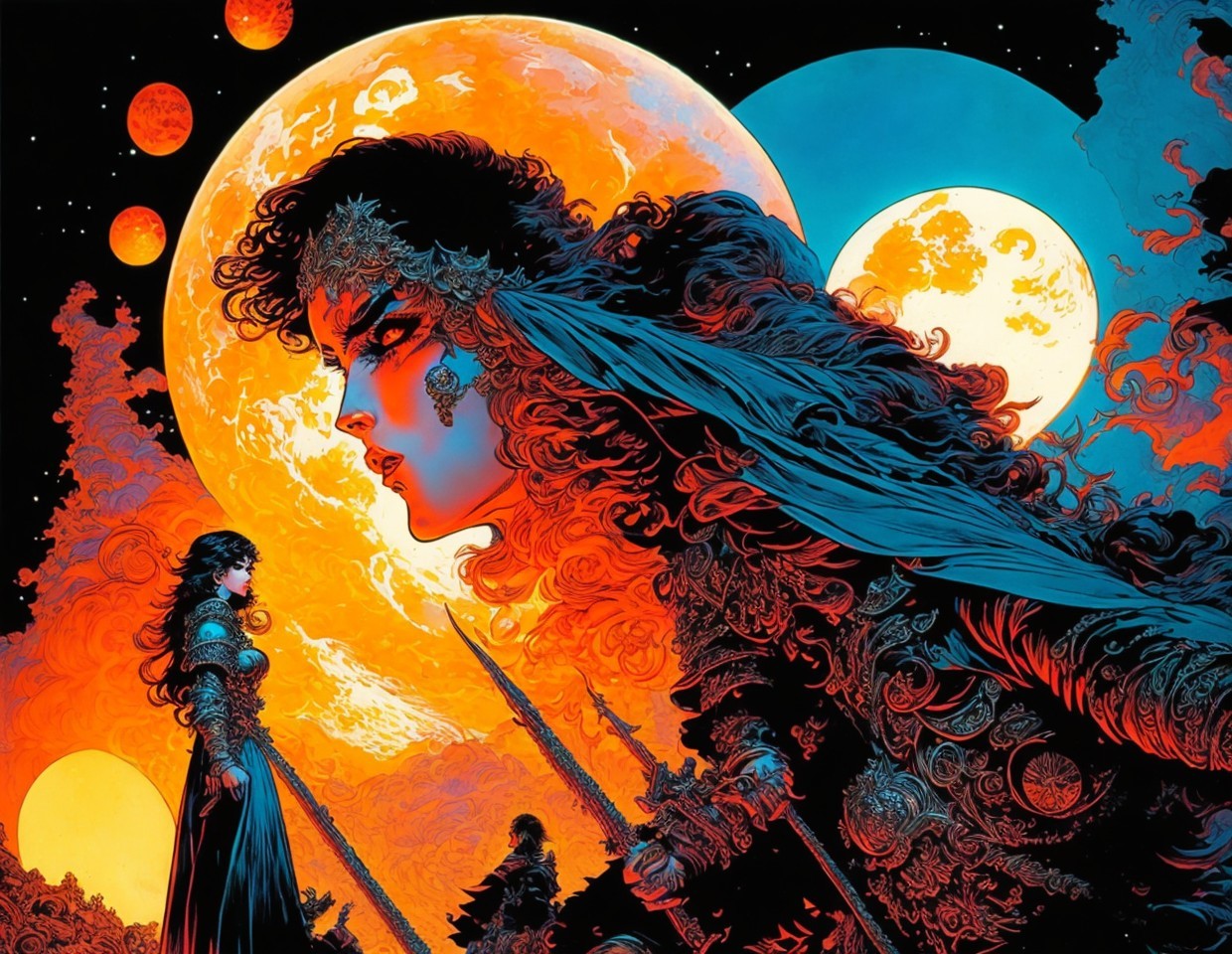 Cosmic Scene with Regal Woman and Bright Moons