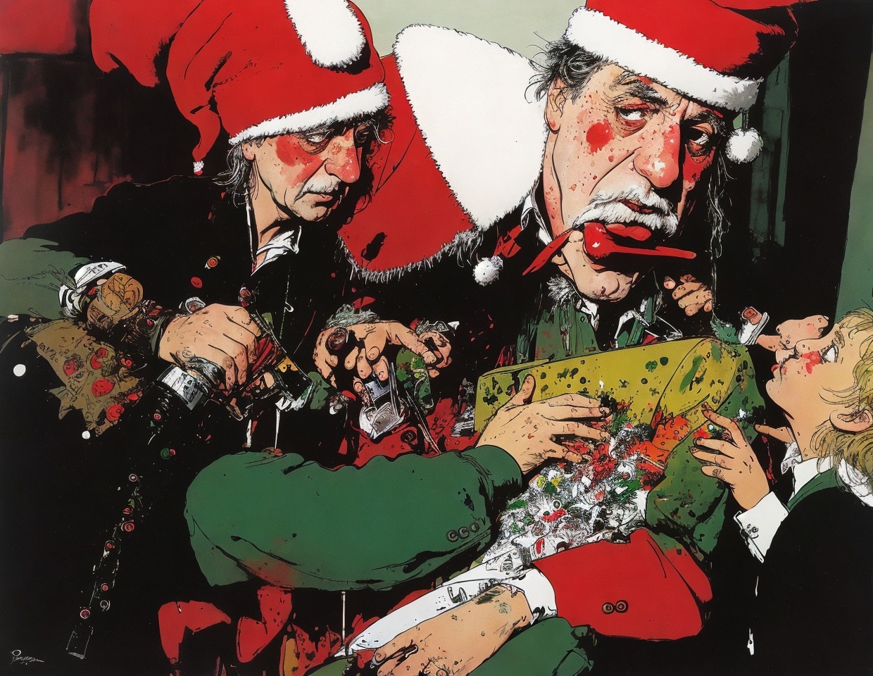 Three characters in Santa hats: one grimacing with a cigar, one with an injured hand, and