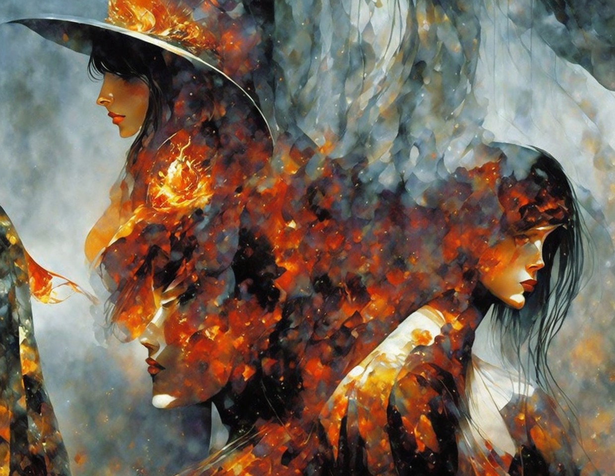 Stylized female portraits with autumnal colors and abstract patterns representing emotions.