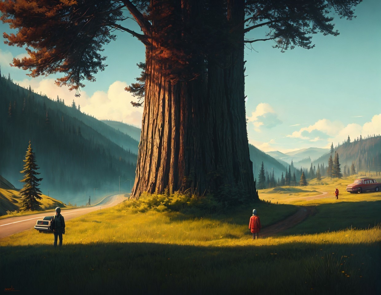 Serene landscape with enormous tree, people, vintage car on sunlit road in forested valley