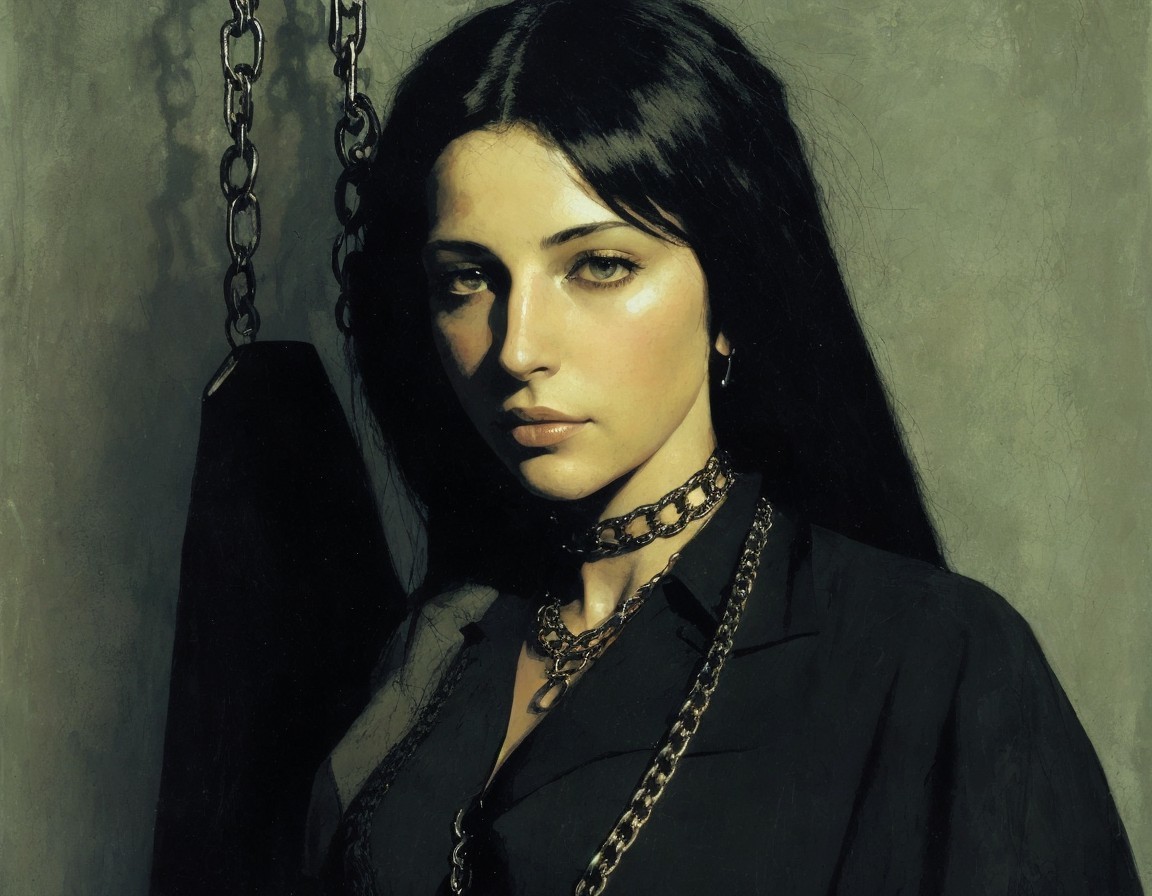 Dark-haired woman in choker necklace next to punching bag with intense gaze.