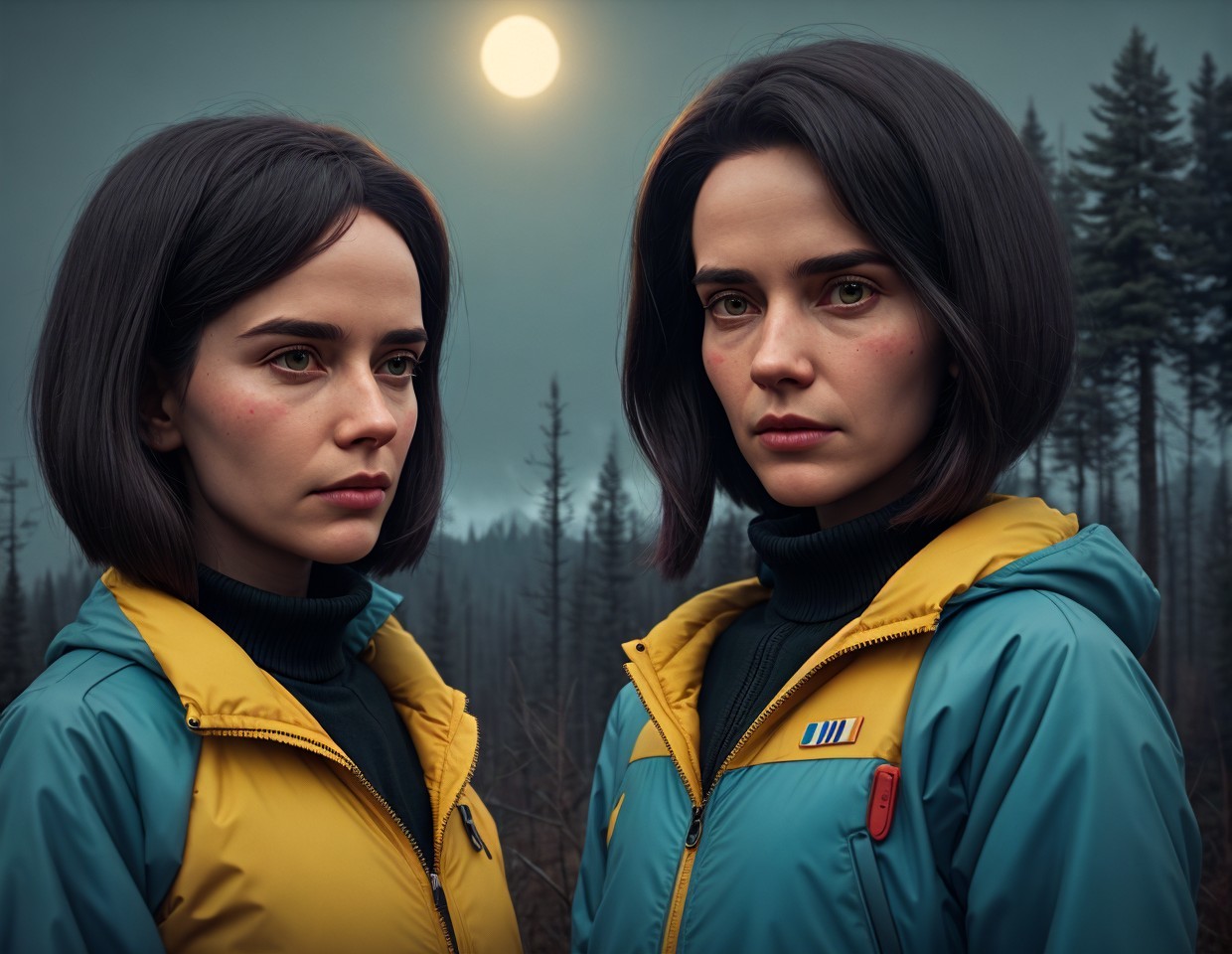 Identical Women in Misty Forest at Dusk