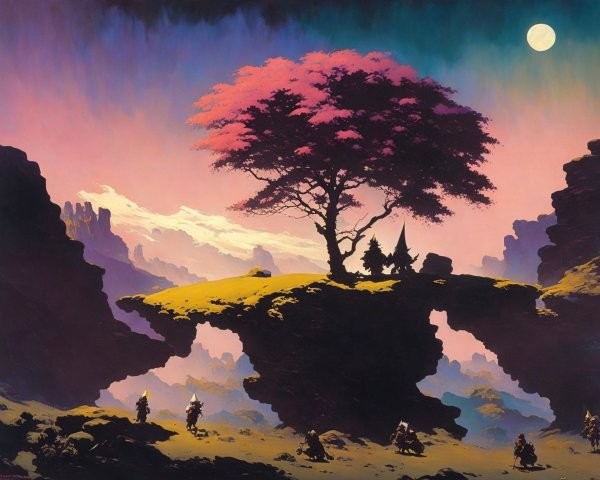 Vibrant tree on cliff in fantastical landscape with figures and moon