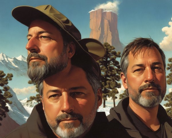 Men with facial hair in outdoor attire against mountain backdrop