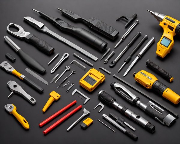Various Hand and Power Tools on Dark Background