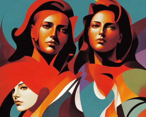 Vibrant digital artwork: Three women with flowing hair and abstract shapes in red, orange, blue