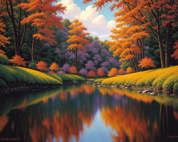 Autumn trees reflected in serene river with lush banks
