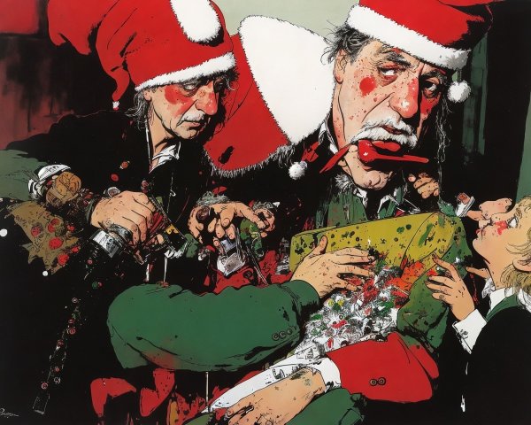 Three characters in Santa hats: one grimacing with a cigar, one with an injured hand, and