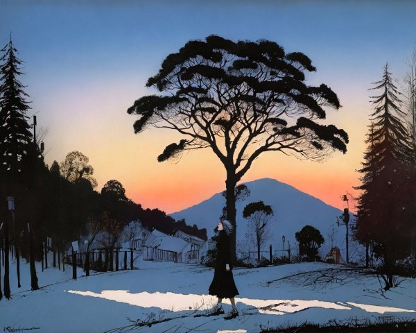 Snowy Landscape with Silhouetted Figure Under Large Tree