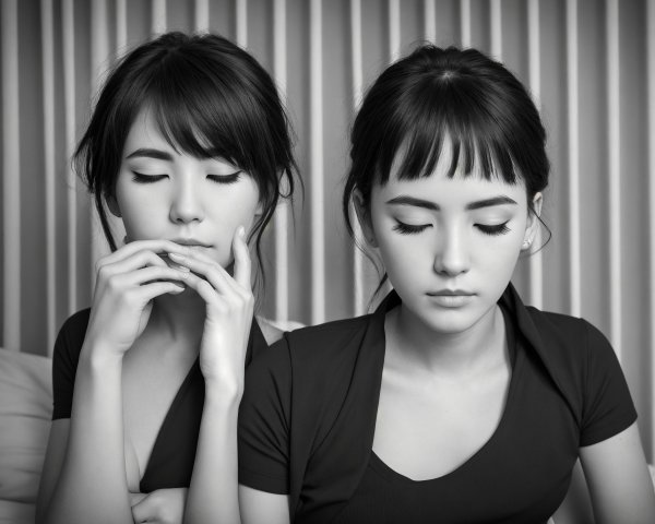 Monochrome photo: Two women seated, eyes shut, fingers on lips, in contemplation on striped