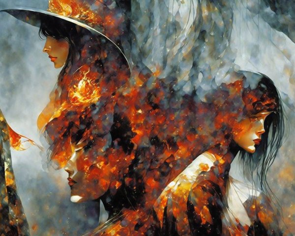 Stylized female portraits with autumnal colors and abstract patterns representing emotions.