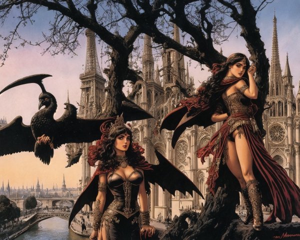 Fantasy artwork: Winged female characters in ornate armor with gothic cathedral and river.