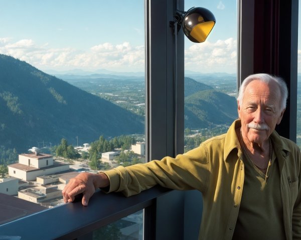 Elderly man leaning on railing with mountain backdrop