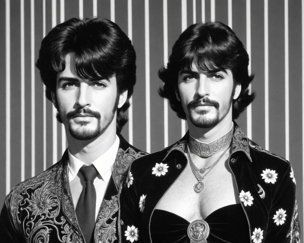 Men in embroidered suits with mustaches on striped background