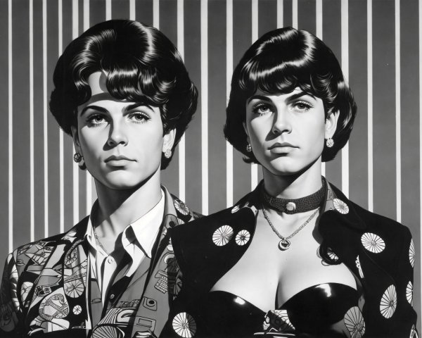 Two women with styled hair in patterned outfits on striped background.