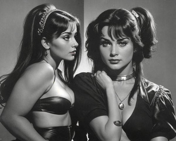 Vintage black and white photo of two women in retro hairstyles and attire