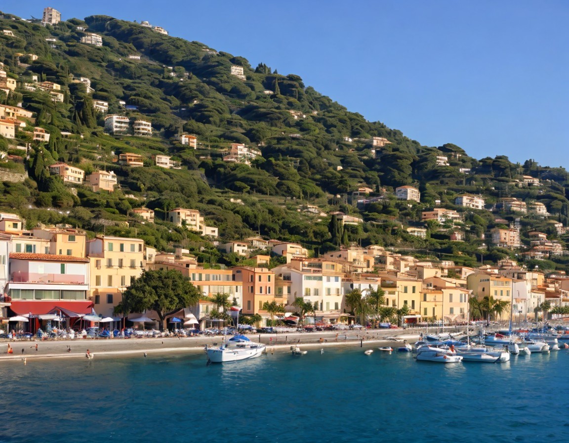 Coastal Scene with Boats and Colorful Waterfront Buildings