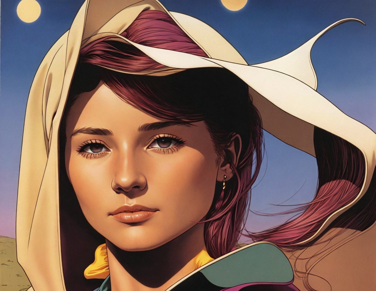 Young Woman with Scarf in Surreal Sunset Landscape