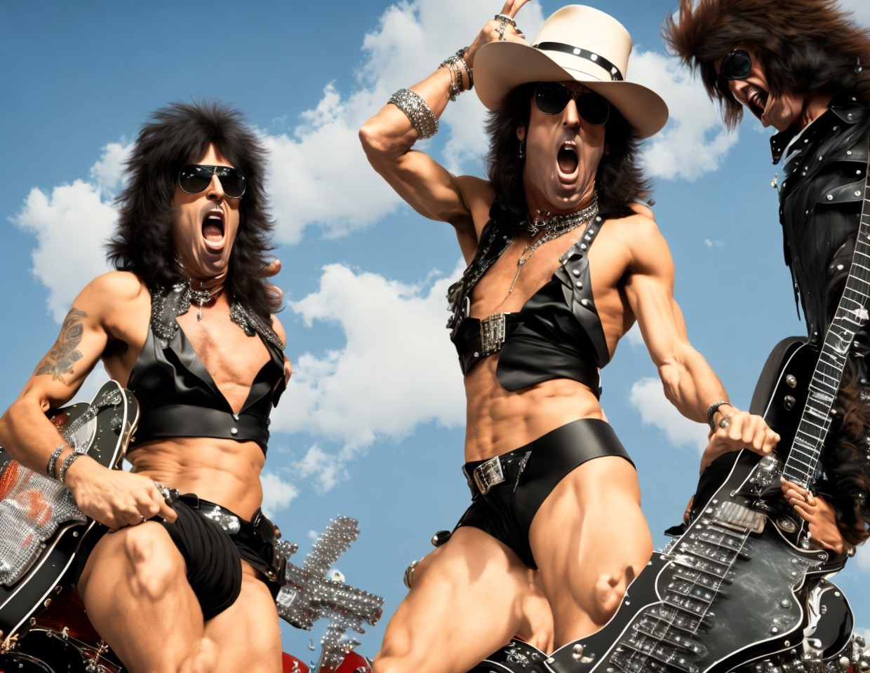 Rock Musicians Performing Under Blue Sky with Guitars