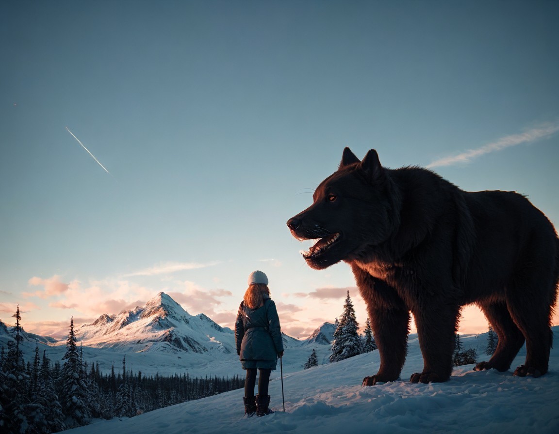 Person and wolf-like creature in snowy mountain sunset scene.
