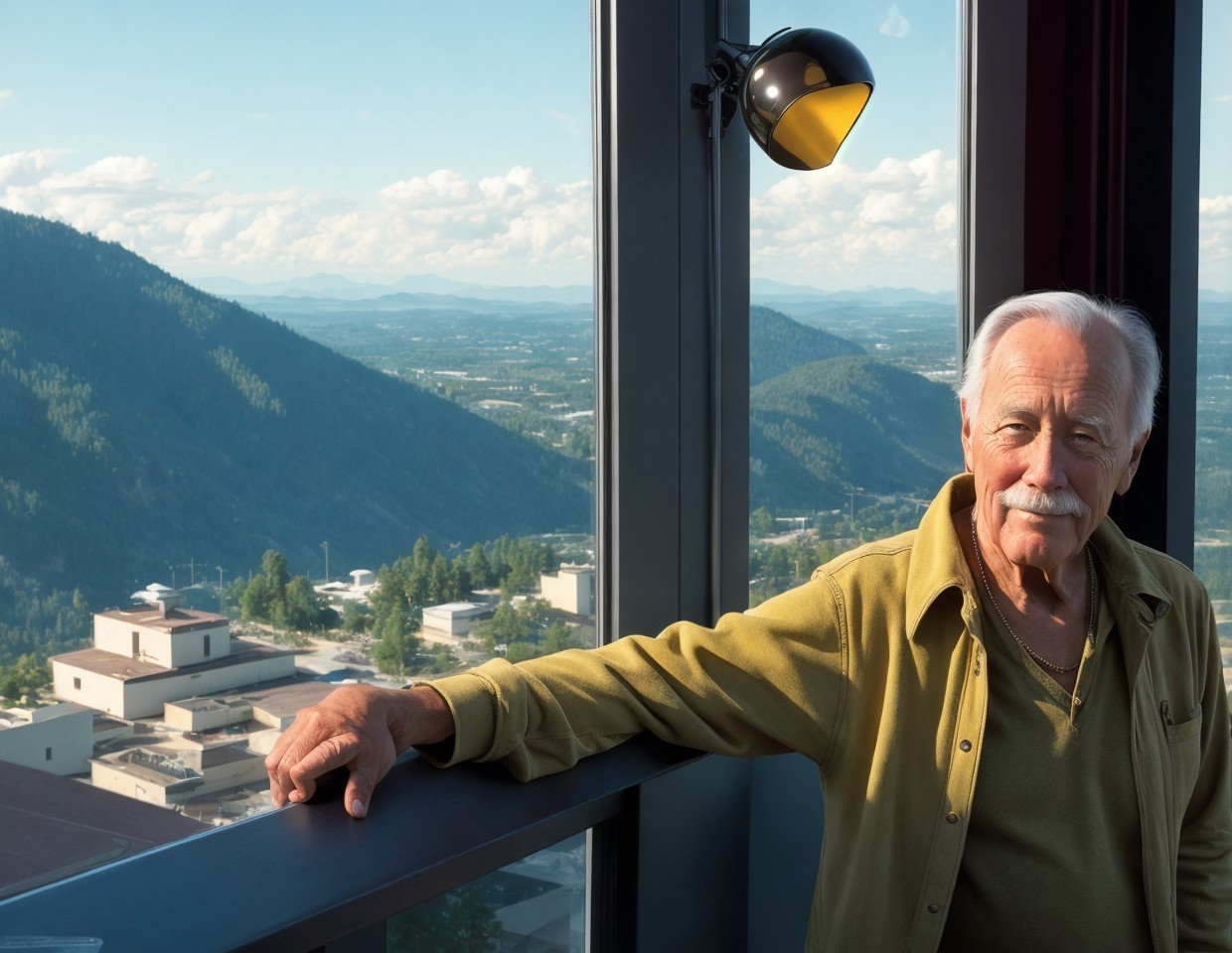 Elderly man leaning on railing with mountain backdrop