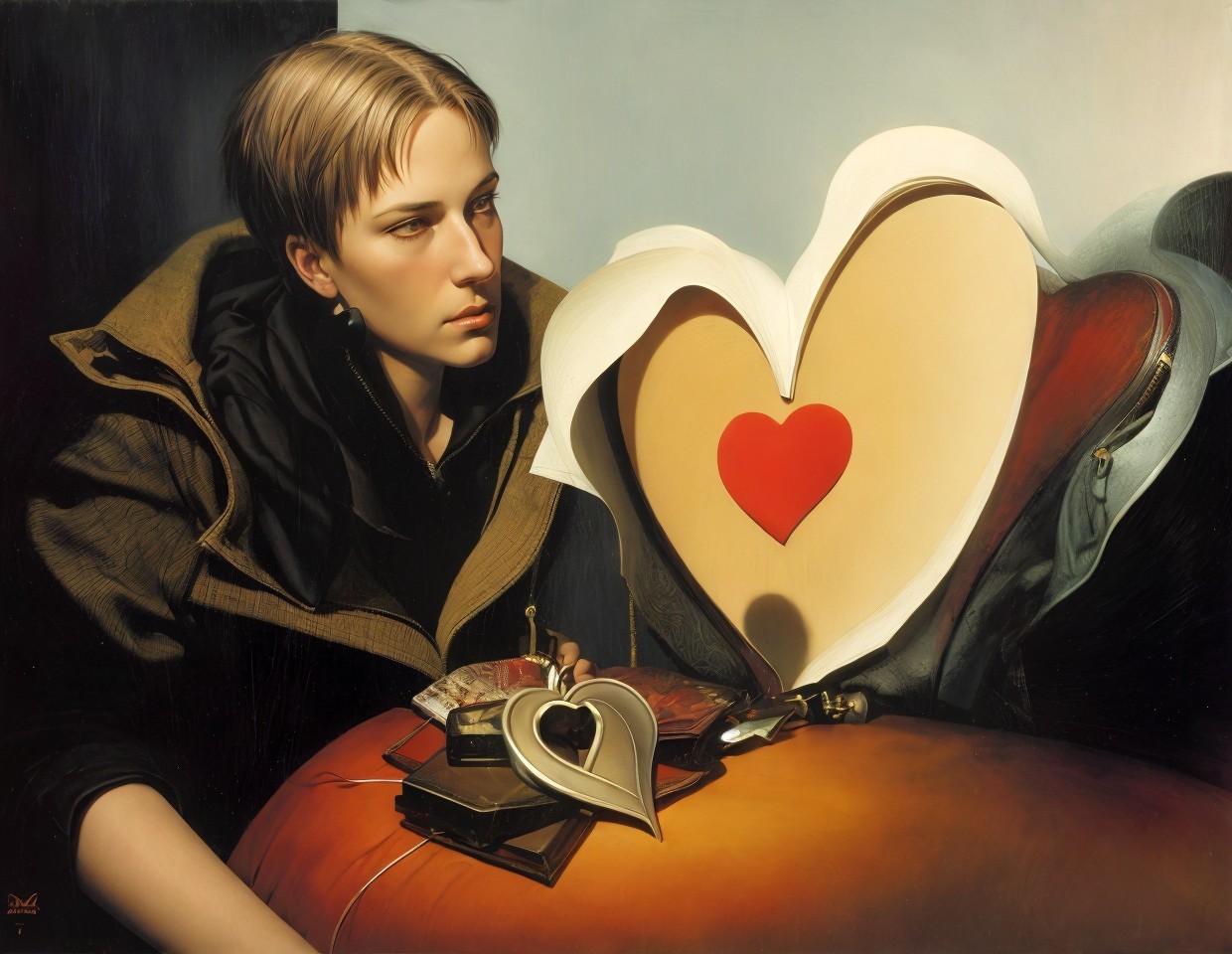 Person gazing at heart-shaped mirror with vintage items nearby