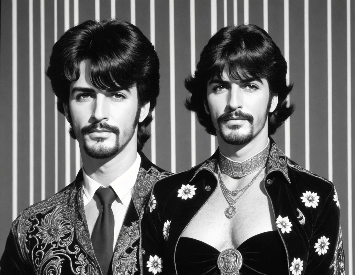 Men in embroidered suits with mustaches on striped background