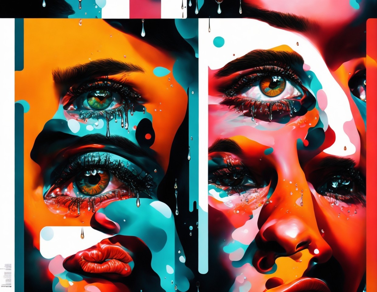 Colorful street art mural featuring intense eyes and paint drips on woman's face