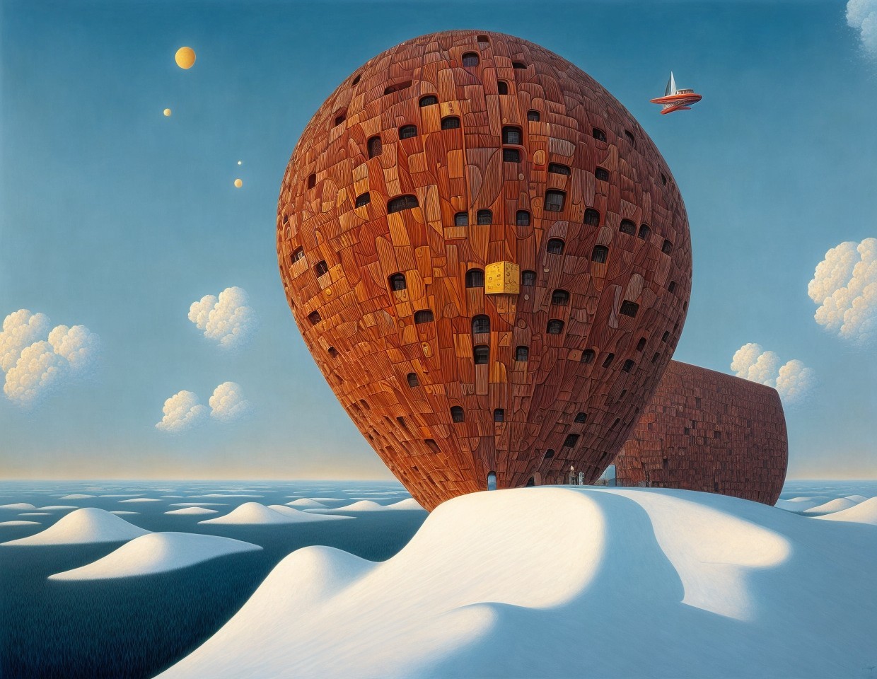 Surreal painting: Brick hot-air balloon on snowy landscape with flying plane and multiple suns