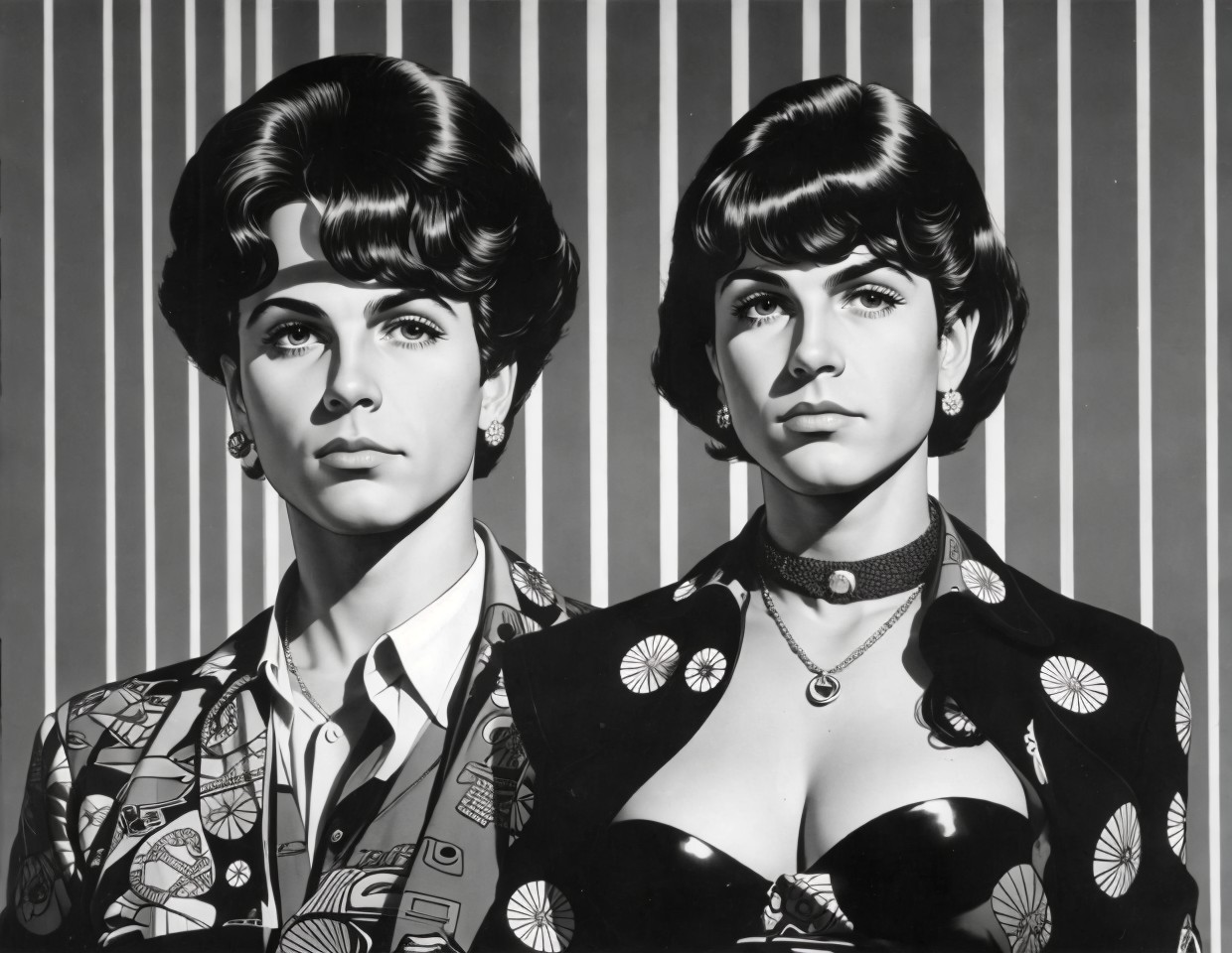 Two women with styled hair in patterned outfits on striped background.