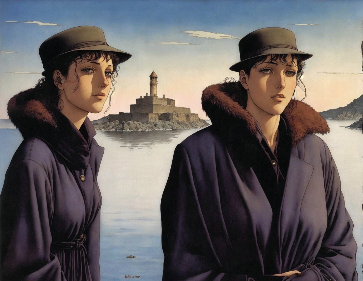 Women in Blue Coats by a Lighthouse Seascape
