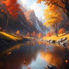 Autumn trees reflected in serene river with lush banks