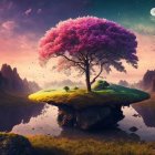 Vibrant tree on cliff in fantastical landscape with figures and moon