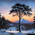 Snowy Landscape with Silhouetted Figure Under Large Tree