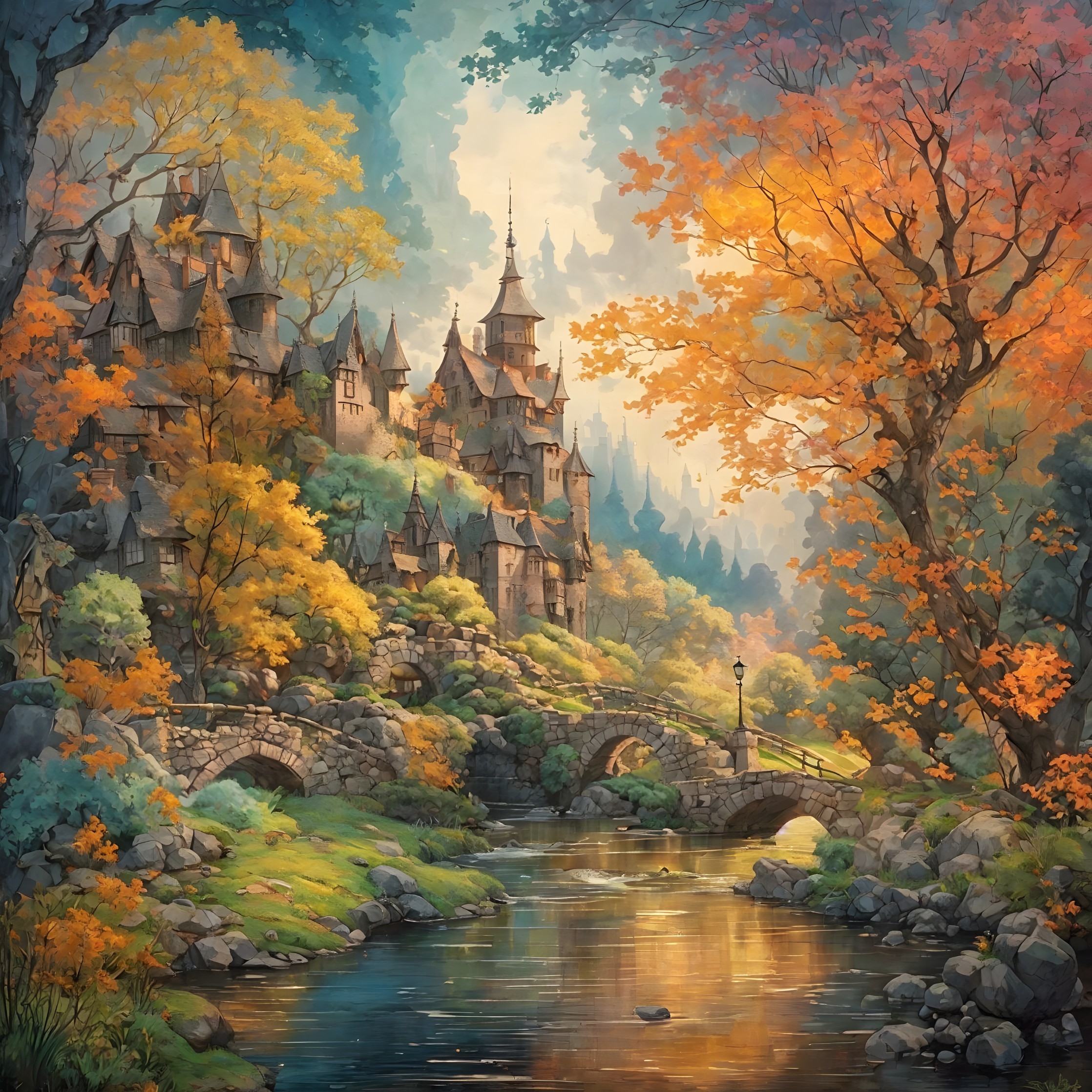Castle surrounded by autumn foliage near serene river at sunset