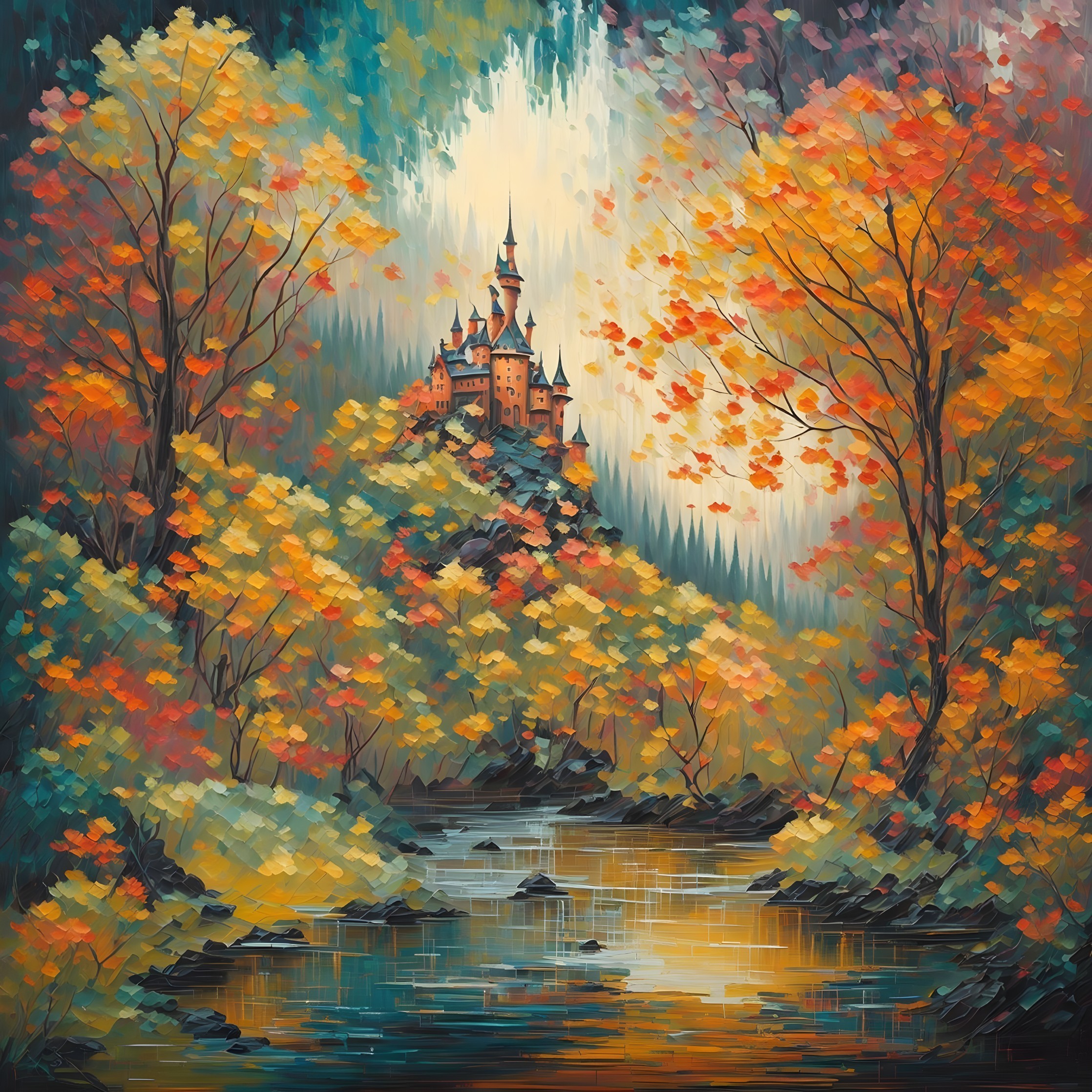 Autumn castle painting with reflection and falling leaves