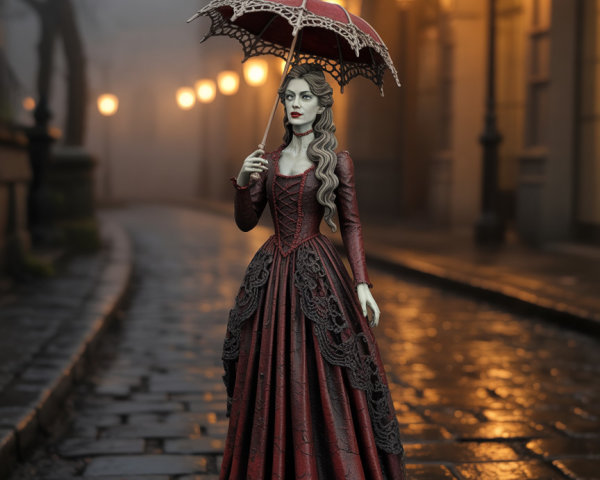 Elegant figure in misty cobblestone street scene