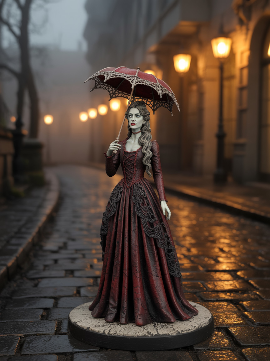 Elegant figure in misty cobblestone street scene