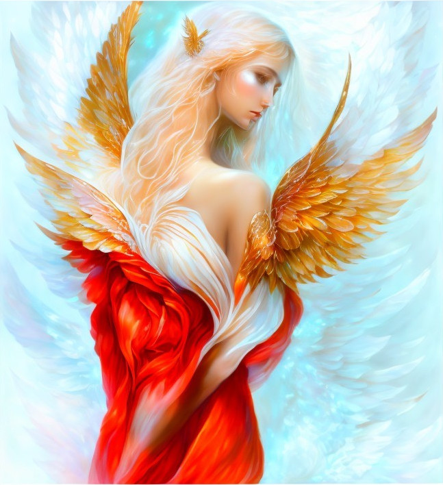 Ethereal figure with golden wings in serene setting