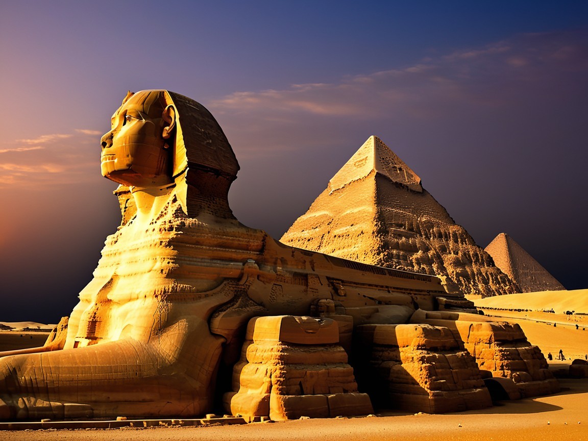Great Sphinx of Giza with Pyramids in Golden Light