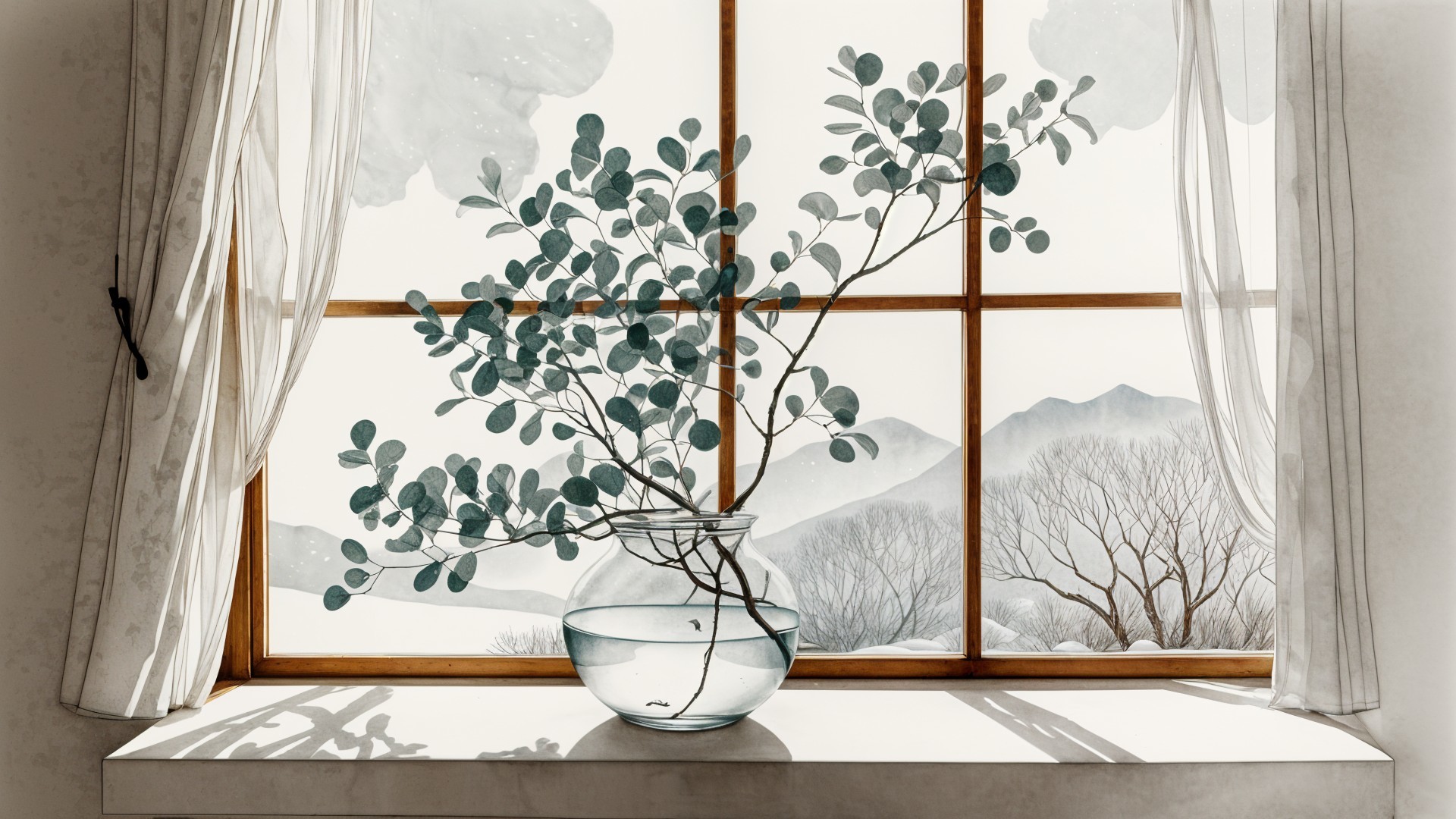 Serene Window Scene with Vase and Misty Landscape