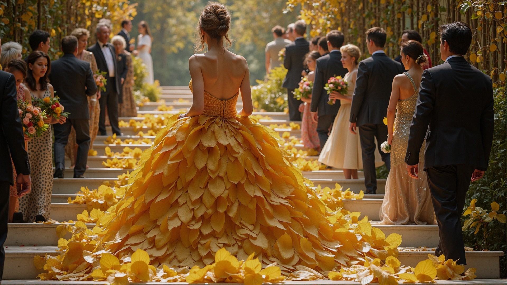 Bride in Yellow Leaf Gown at Outdoor Wedding Scene