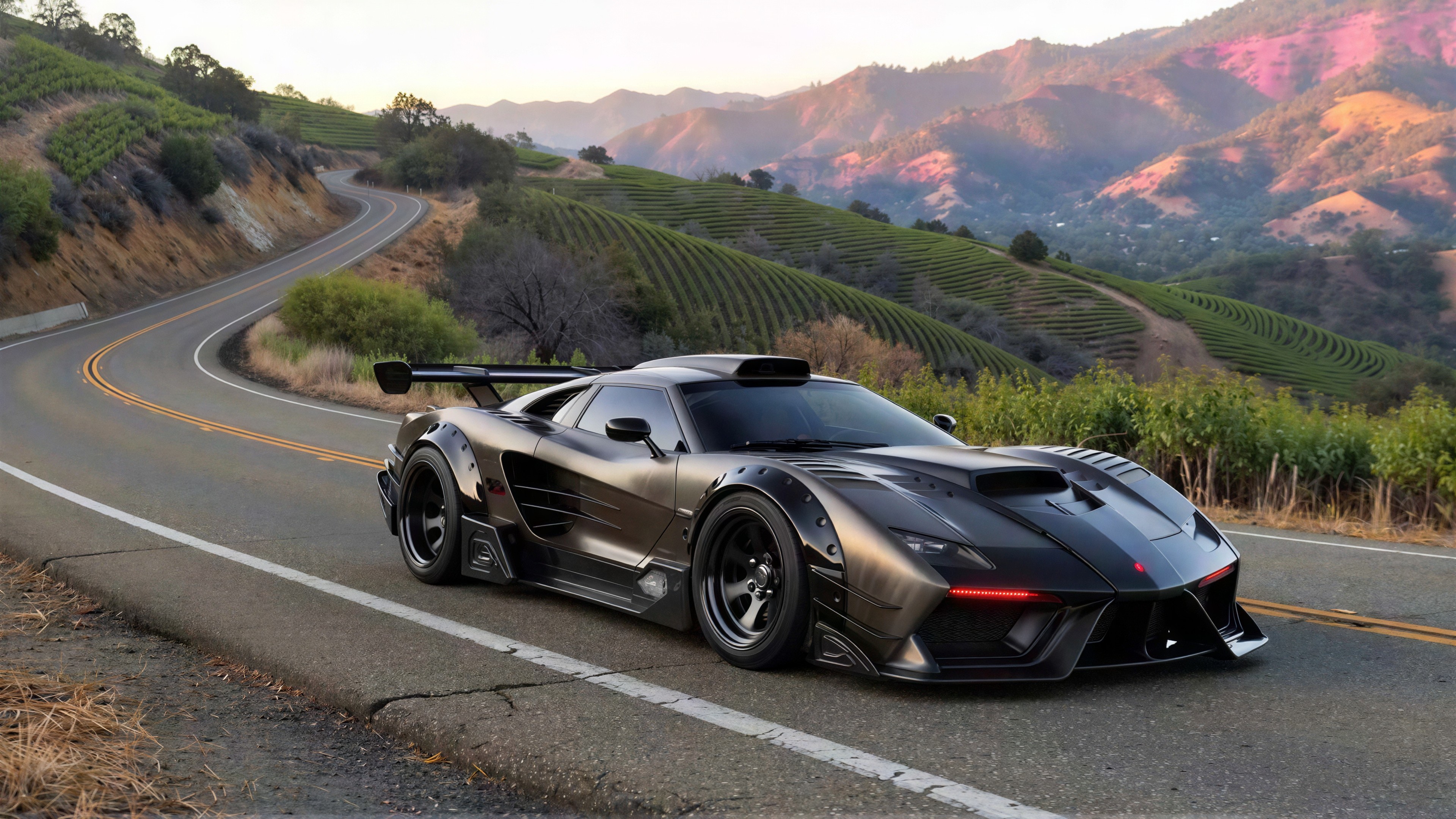 Futuristic Dark Gray Sports Car on Winding Road