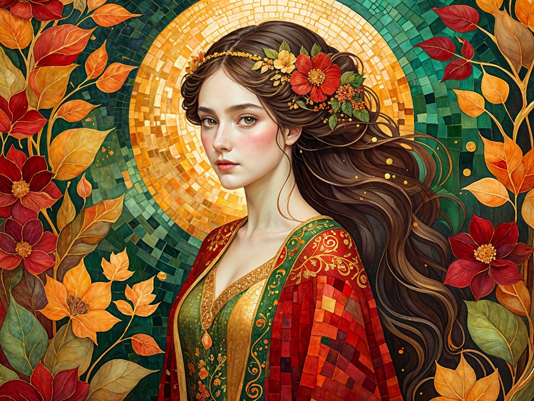 Portrait of a Young Woman with Autumn Leaves and Flowers