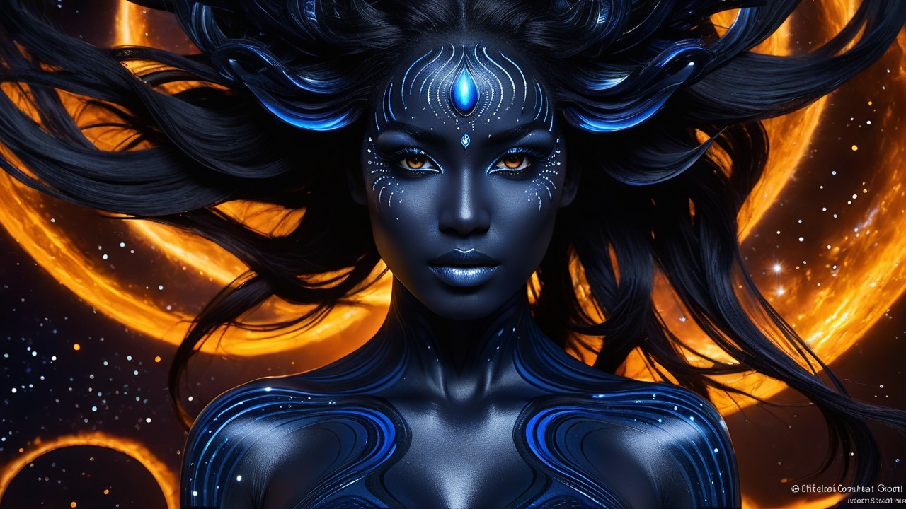 Cosmic Figure with Blue Skin and Luminous Features